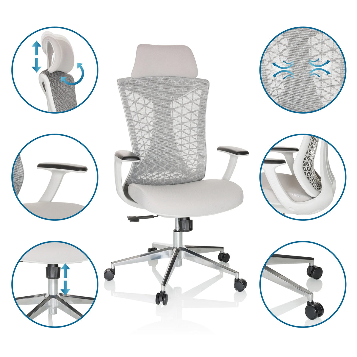 White Professional Office Chair FALEO W with mesh back, adjustable armrests and castors by hjh OFFICE