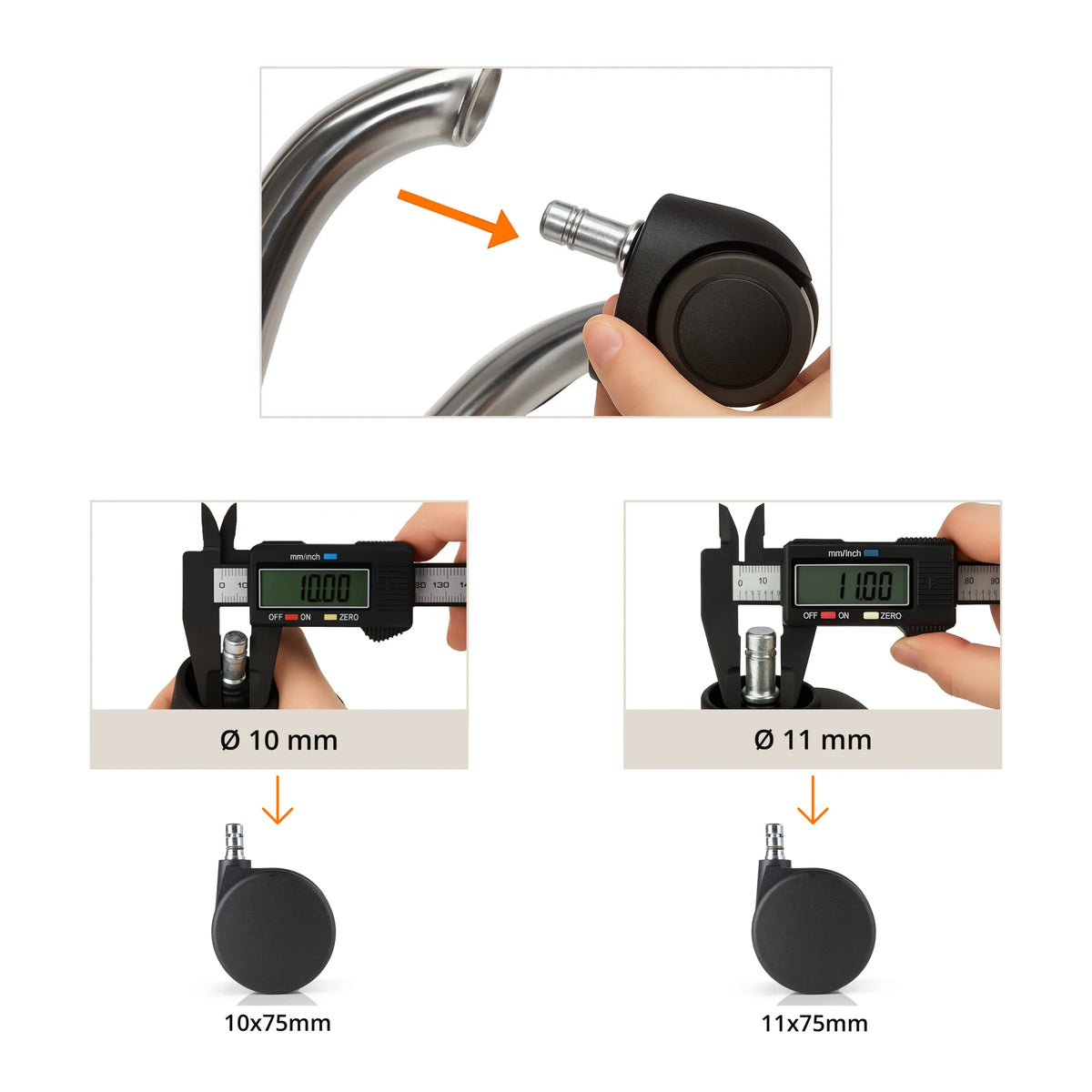 Größenbestimmung der Stuhlrollen 5x ROLO No-Noise 11mm/75mm mit einem Messschieber für 10 mm und 11 mm von hjh OFFICE