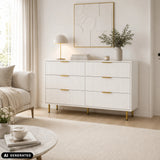 White HJELLE sideboard with six drawers, gold-coloured handles and slim legs by hjh LIVING