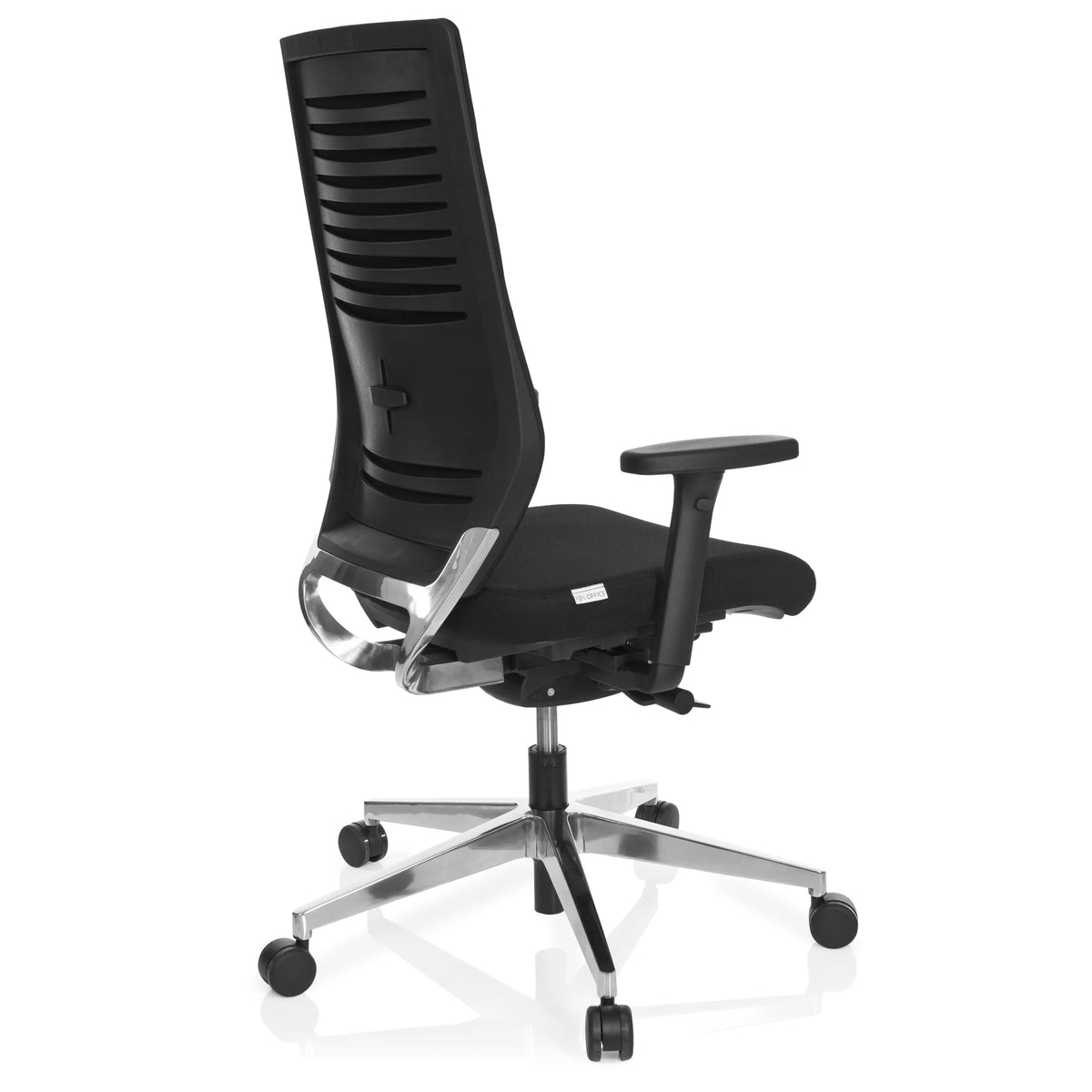 Black Professional Office Chair PRO-TEC 700 with armrests and glossy five-caster base by hjh OFFICE – 360-degree view (rear three-quarter view 120°)
