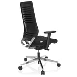 Black Professional Office Chair PRO-TEC 700 with armrests and glossy five-caster base by hjh OFFICE – 360-degree view (rear three-quarter view 120°)