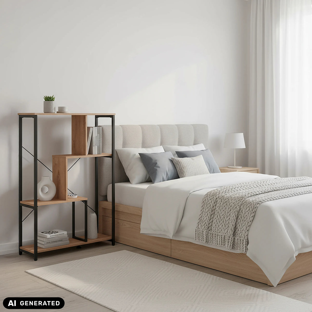 Kalag Eco shelf in black and oak next to a bed by hjh LIVING (AI-generated image)