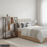 Kalag Eco shelf in black and oak next to a bed by hjh LIVING (AI-generated image)