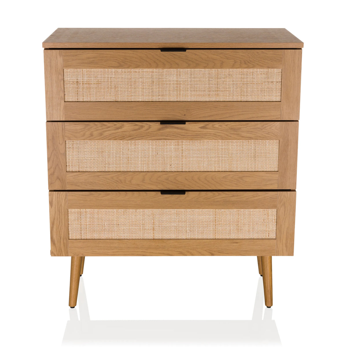 Oak-coloured Chest of drawers BOHEO K with three drawers with Vienna wicker and four legs by hjh LIVING – 360-degree view (front view 0°)