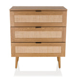 Oak-coloured Chest of drawers BOHEO K with three drawers with Vienna wicker and four legs by hjh LIVING – 360-degree view (front view 0°)