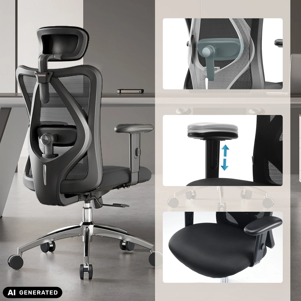 Height-adjustable armrest and mesh backrest of the M18-M148 Professional Office Chair in black by Sihoo (AI-generated image)