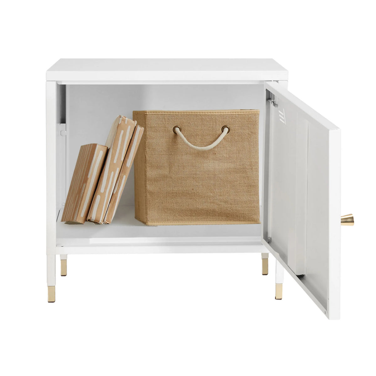 Open white office cabinet UMEO with storage box and gold-coloured feet by hjh OFFICE