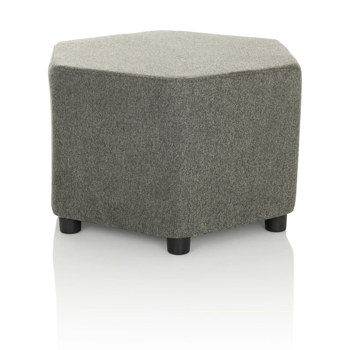 Grey upholstered stool BAREO with hexagonal shape and short black feet by hjh OFFICE – 360-degree view (front three-quarter view 30°)