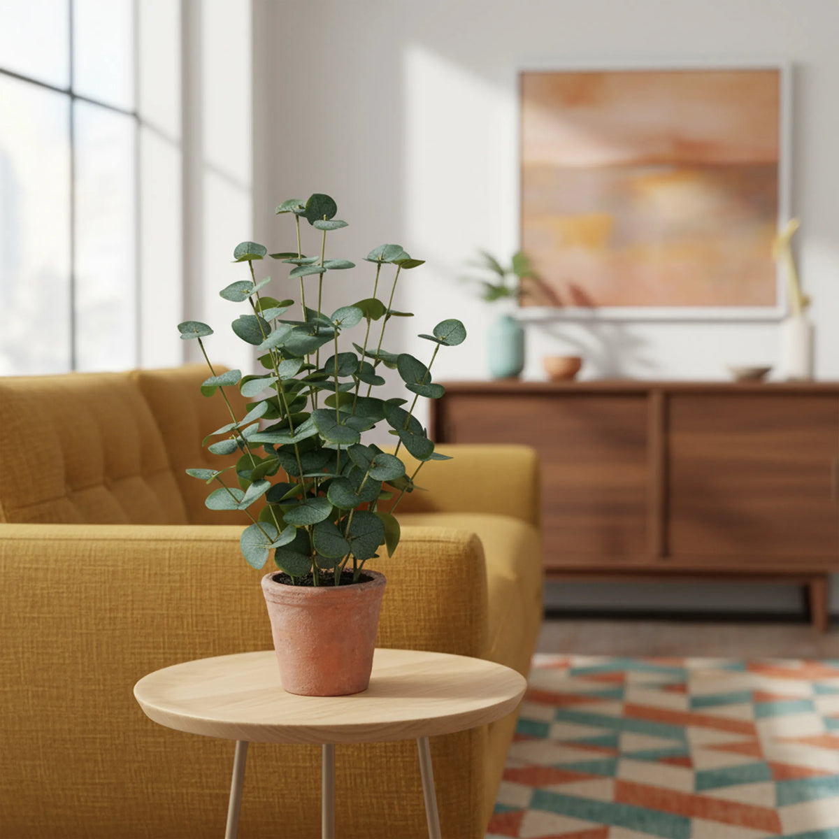 Green Artificial plant Eucalyptus in a terracotta-coloured pot on a side table by hjh OFFICE
