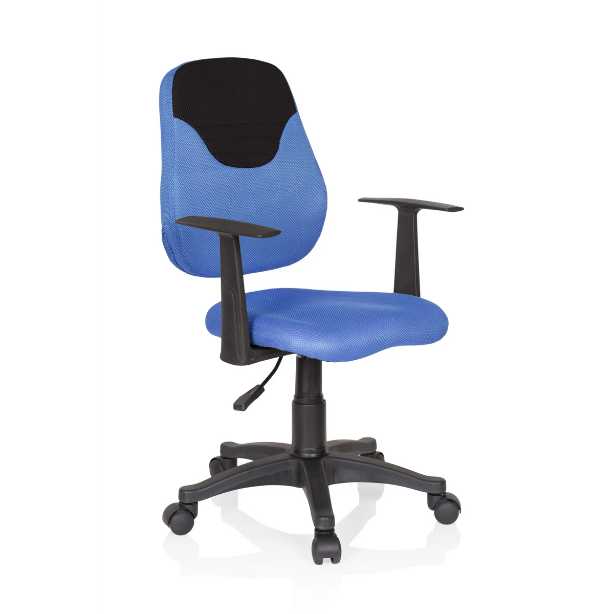Blue Swivel Chair – Children KIDDY STYLE with mesh back, armrests and five-caster base by hjh OFFICE – 360-degree view (front three-quarter view 40°)