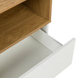 Open shelf and white drawer pull-out of the MELMO S sideboard in oak and white by hjh LIVING