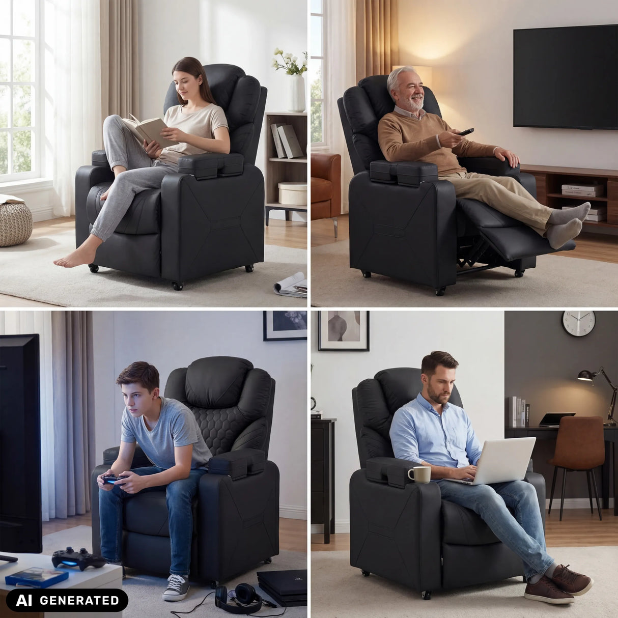 Black Game Sport RX lounge chair in various usage situations by hjh OFFICE (AI-generated image)
