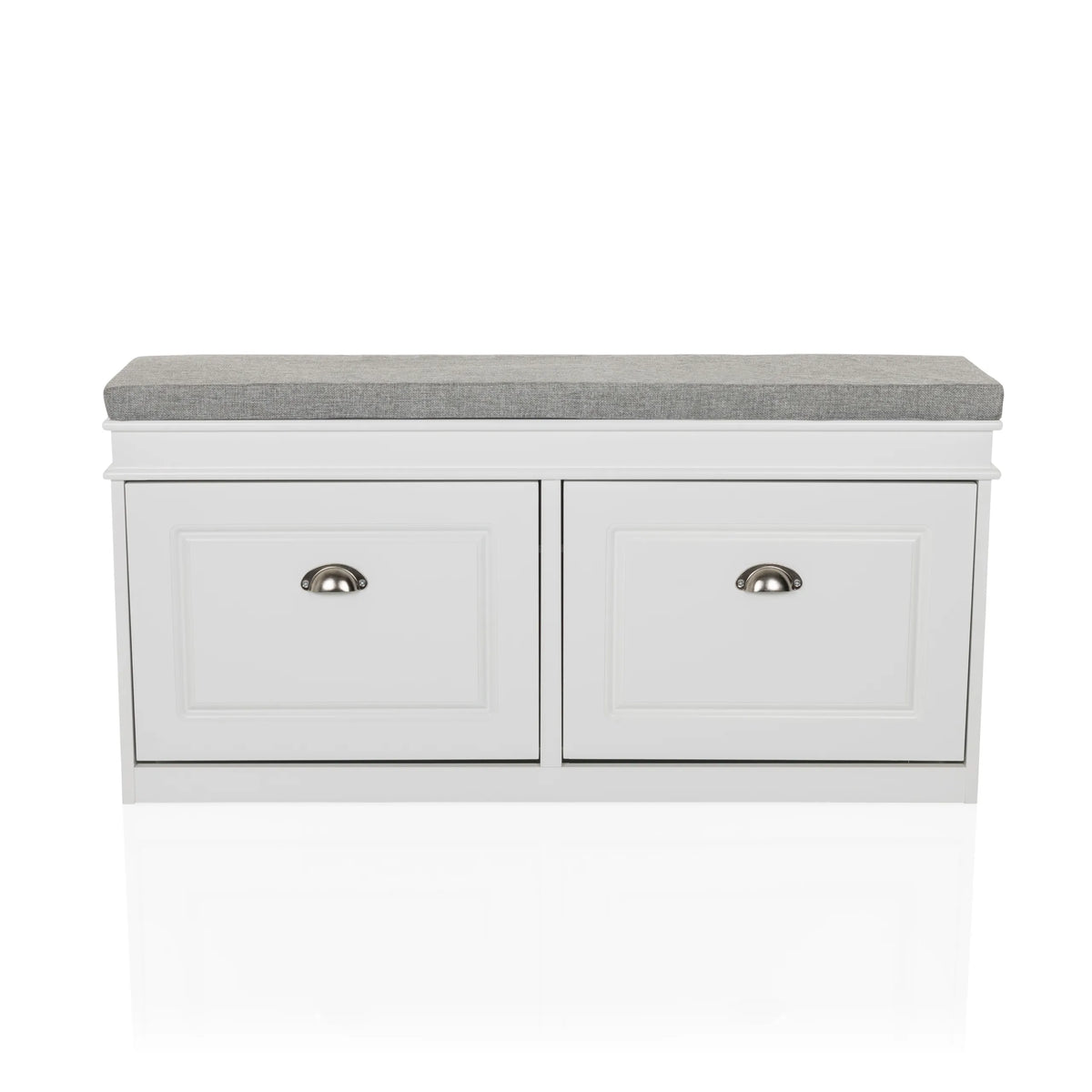 White Shoe Cabinet ESTHA I with grey seat and two drawers by hjh LIVING – 360-degree view (front view 0°)