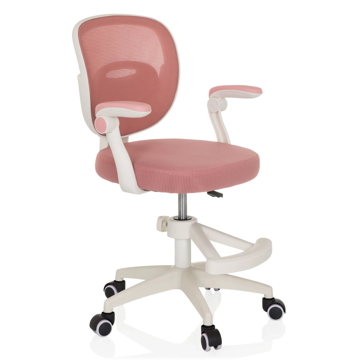 Pink Swivel Chair – Children KIDDY SMART with mesh back and five-caster base by hjh OFFICE – 360-degree view (front three-quarter view 45°)