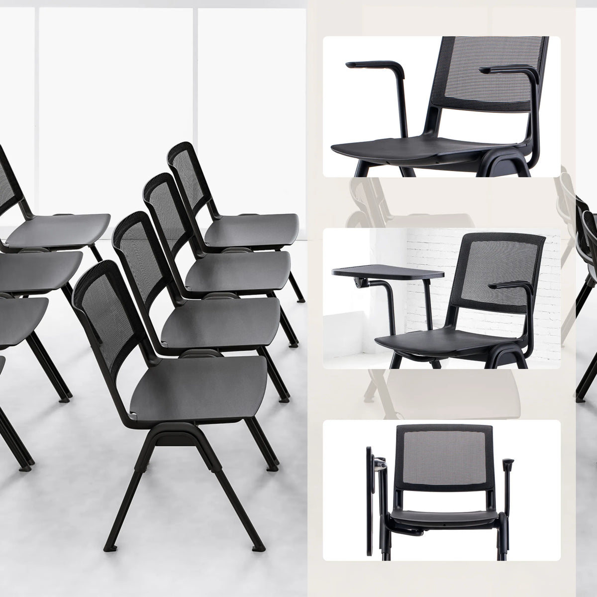 Guest Chair MEET WA in black with mesh backrest, armrests and writing tablet by hjh OFFICE