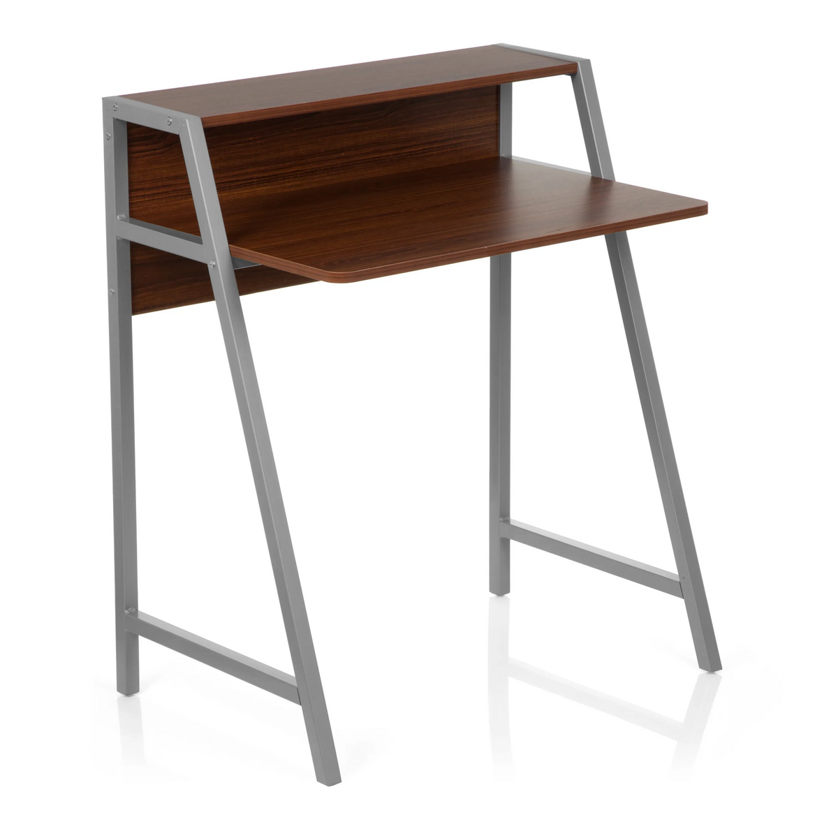 Walnut-coloured Office Desk DUMONT with silver-coloured frame and hutch by hjh OFFICE – 360-degree view (front three-quarter view 40°)