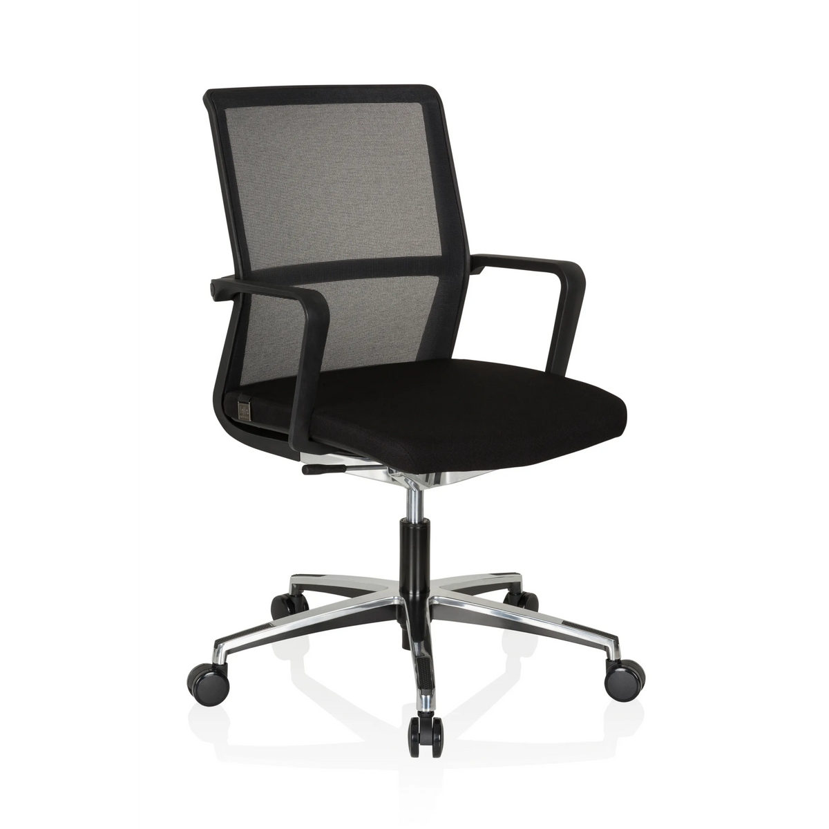Black Professional Office Chair MOVE-TEC NET 3D with mesh back and a five-caster base by hjh OFFICE – 360-degree view (front three-quarter view 40°)