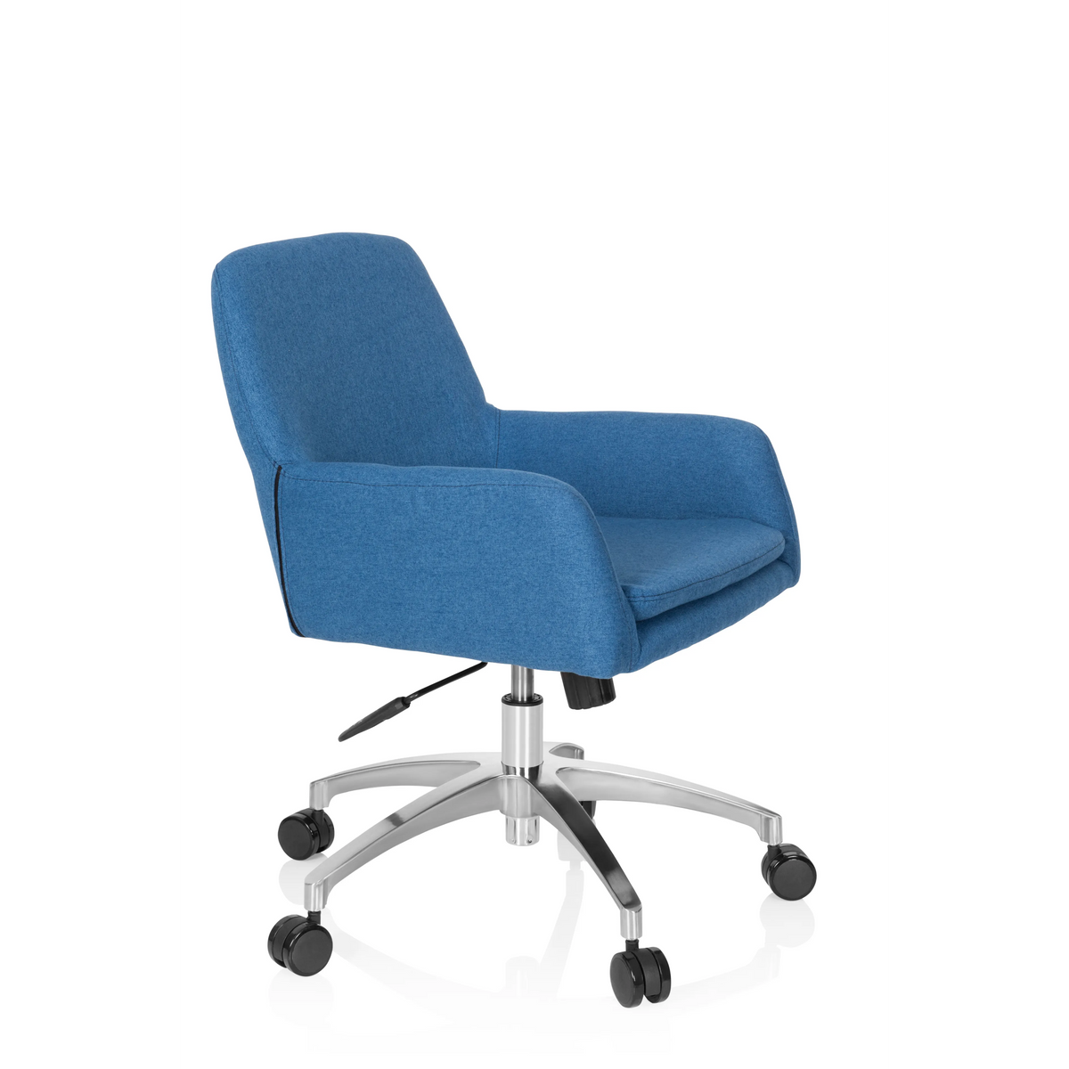 Blauer Homeoffice-Bürostuhl SHAKE 400 mit Armlehnen und Fußkreuz mit fünf Rollen von hjh OFFICE – 360-Grad-Ansicht (schräge Frontansicht 60°)