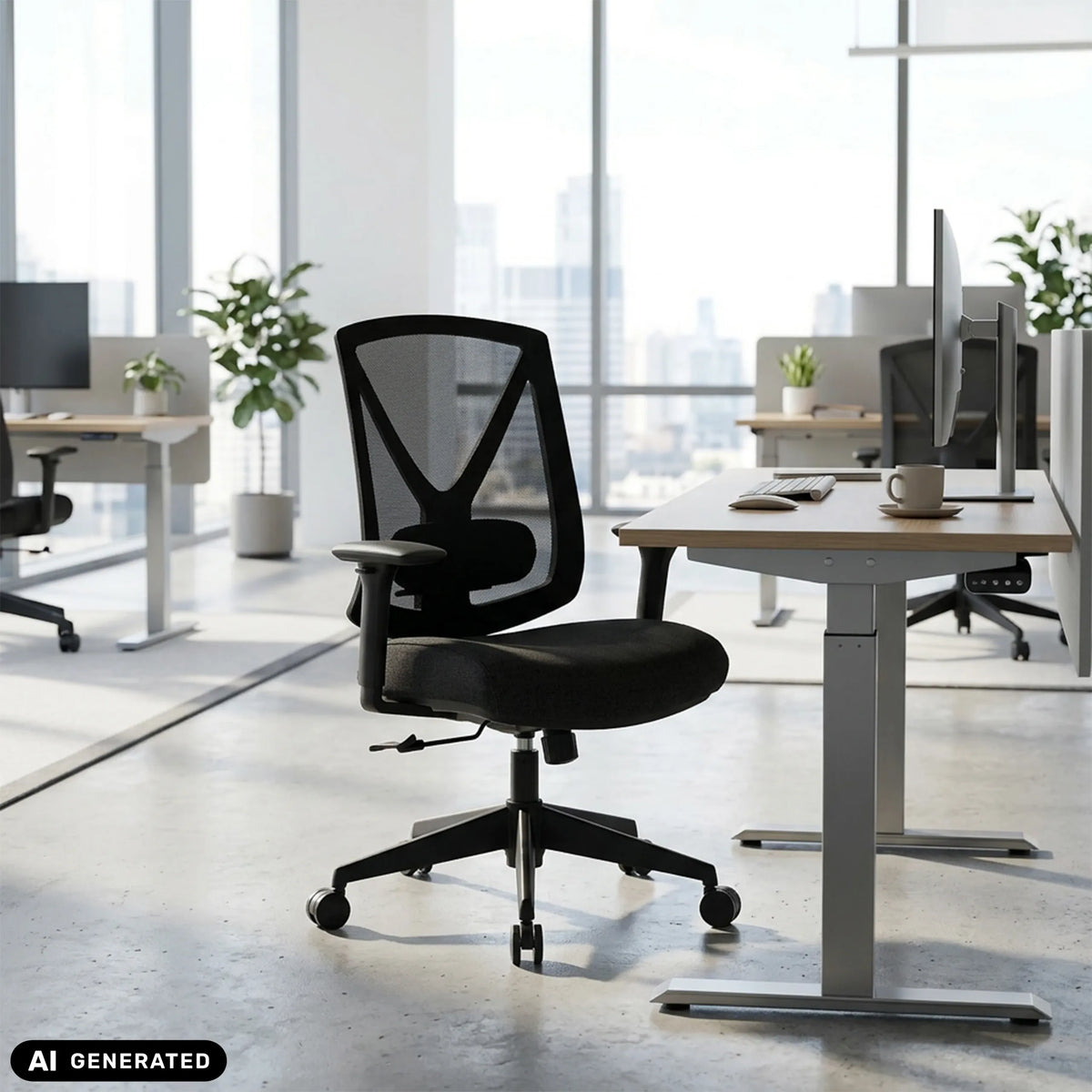 Black Professional Office Chair Mirou with mesh backrest and castors in front of a desk by hjh OFFICE (AI-generated image)