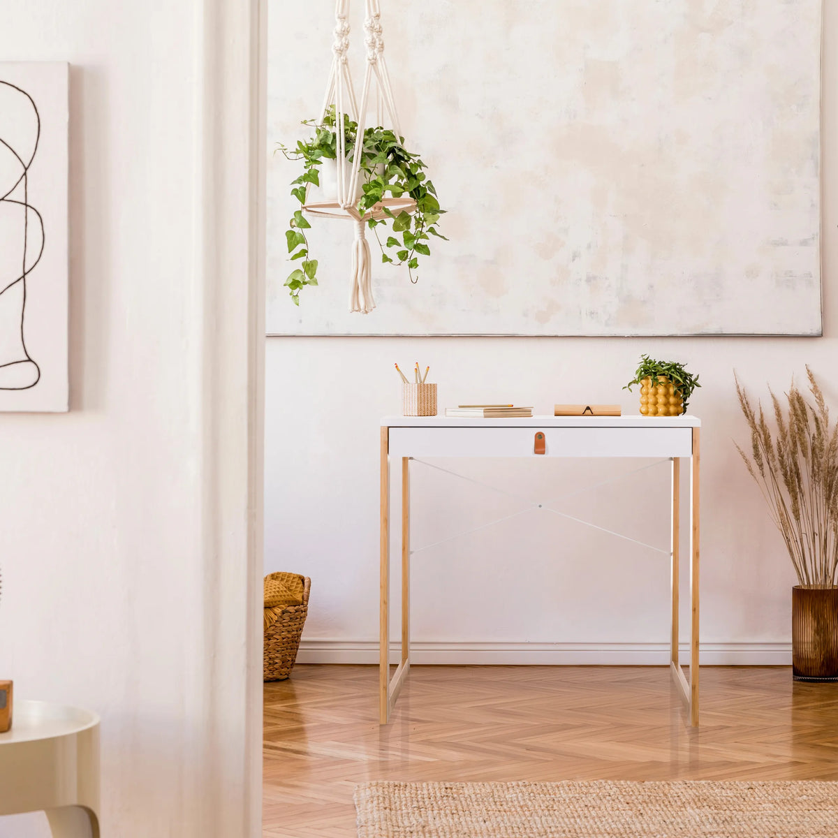 White Office Desk TAROLO II, 80 x 42 cm, with light wood legs by hjh LIVING