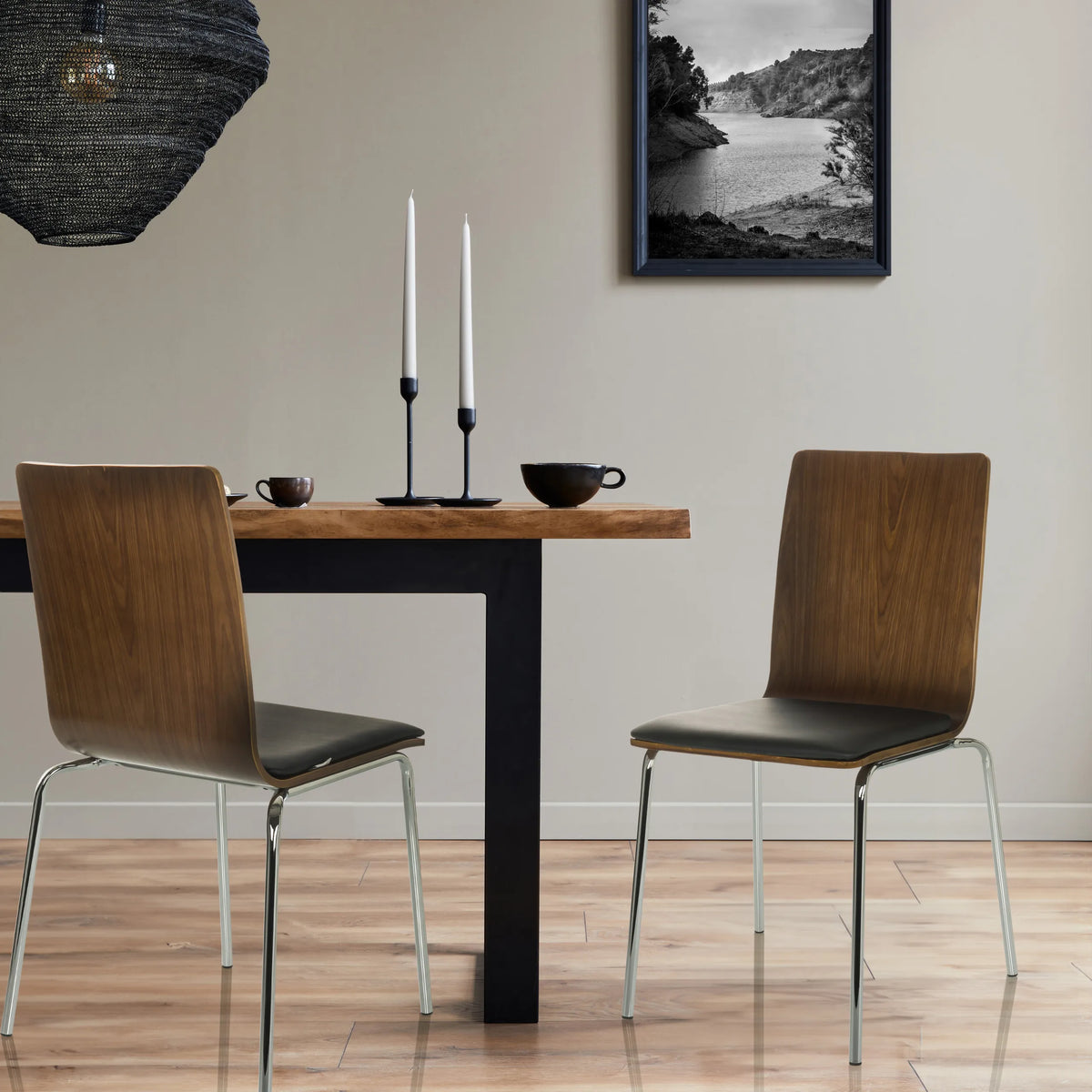Two PERIA guest chairs with wooden shells, black seats and chrome legs by hjh OFFICE