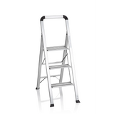 Silver aluminium Folding Ladder SOLID V with three steps and handle by hjh OFFICE – 360-degree view (front view 20°)