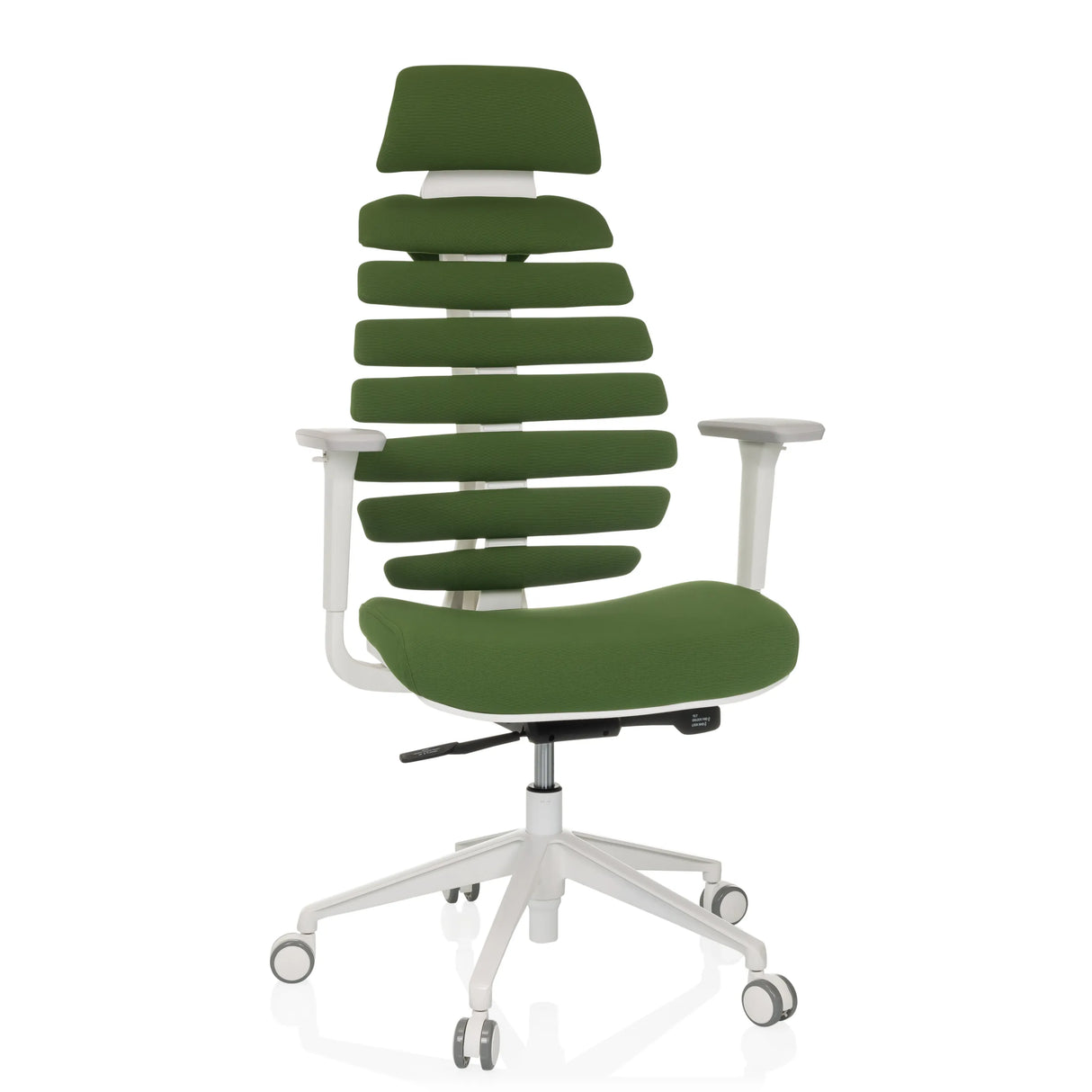 Green Professional Office Chair ERGO LINE W with segmented backrest and white five-caster base by hjh OFFICE – 360-degree view (front view 15°)