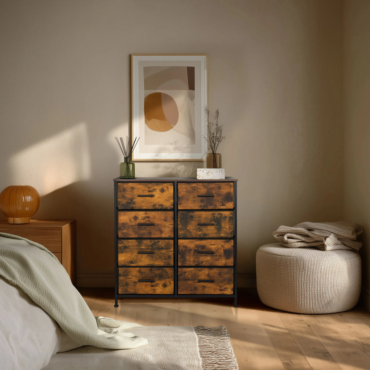 Chest of drawers RAGALA LIGHT in smoked oak with eight drawers and a black frame by hjh LIVING