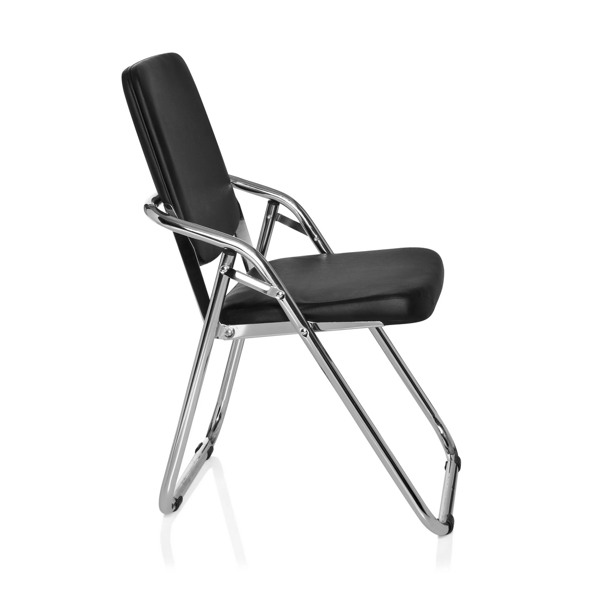 Black Folding chair ESTO with faux leather upholstery and chrome frame by hjh OFFICE – 360-degree view (side profile 80°)