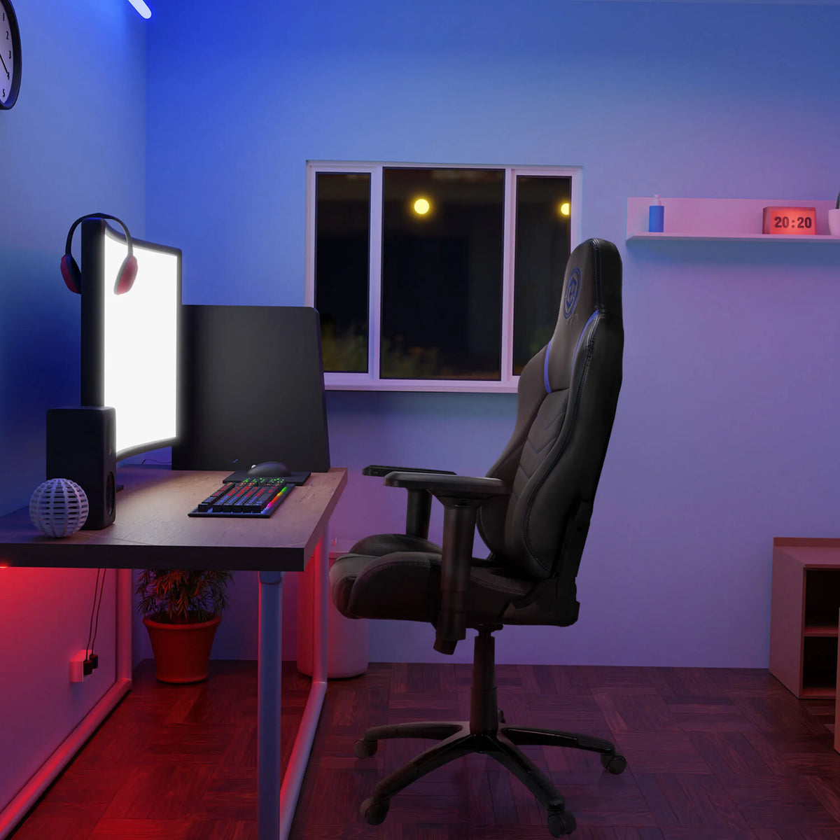 Gaming chair GAMEBREAKER POLARYS I in grey and blue at a desk with monitor and keyboard by hjh OFFICE