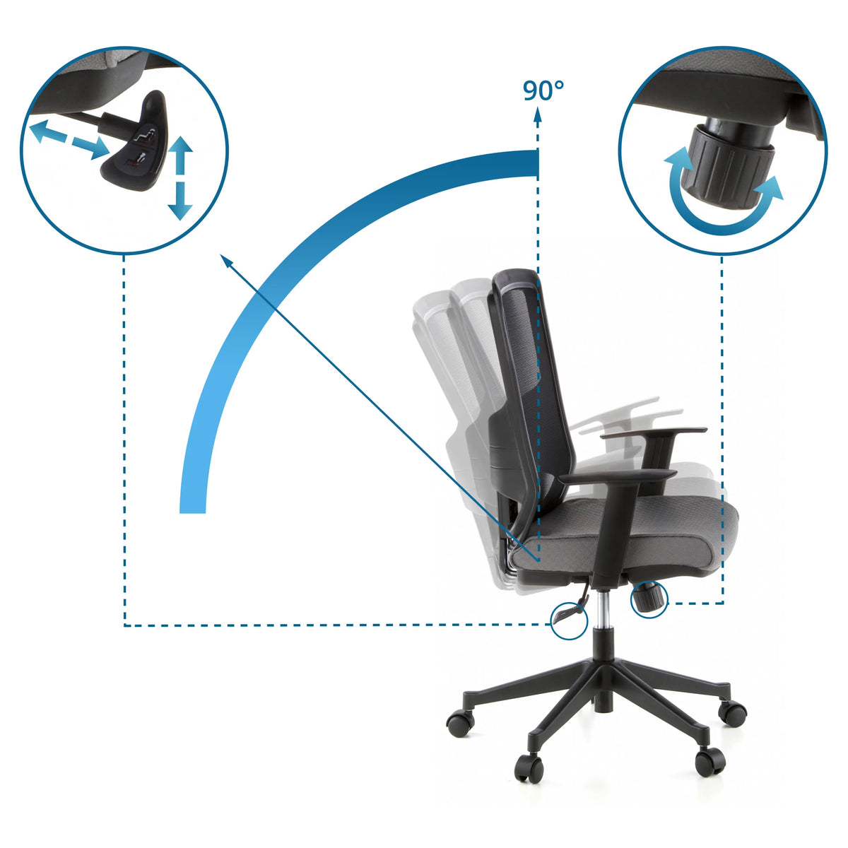 Adjustable armrest and tilt mechanism with 90° recline of the Professional Office Chair LAVITA by hjh OFFICE