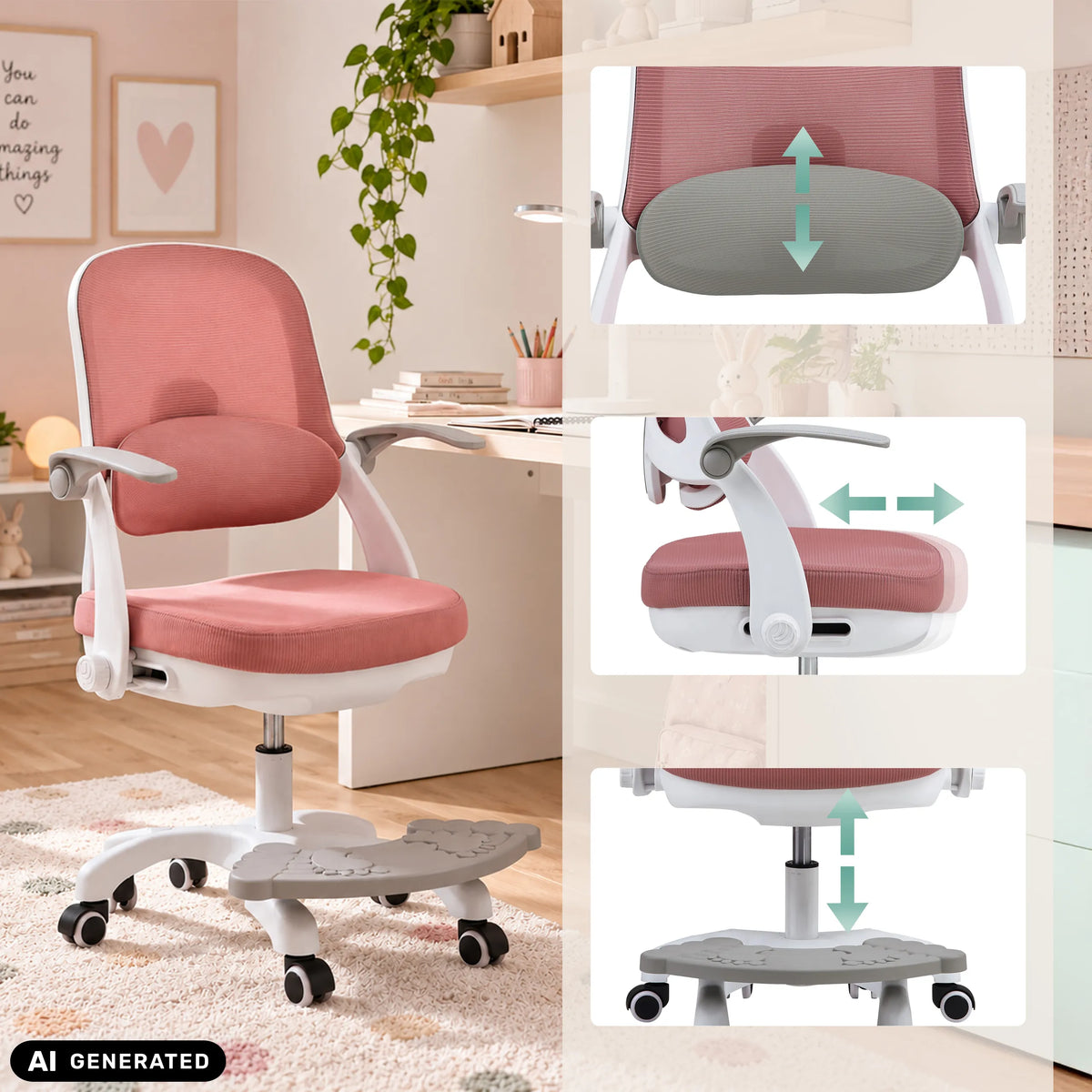 Adjustable backrest, armrest and seat height of the Kiddy Smart Step children's swivel chair by hjh OFFICE (AI-generated image)