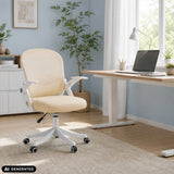Beige Naluro Home Office Chair with white armrests and base in a bright room by hjh OFFICE (AI-generated image)