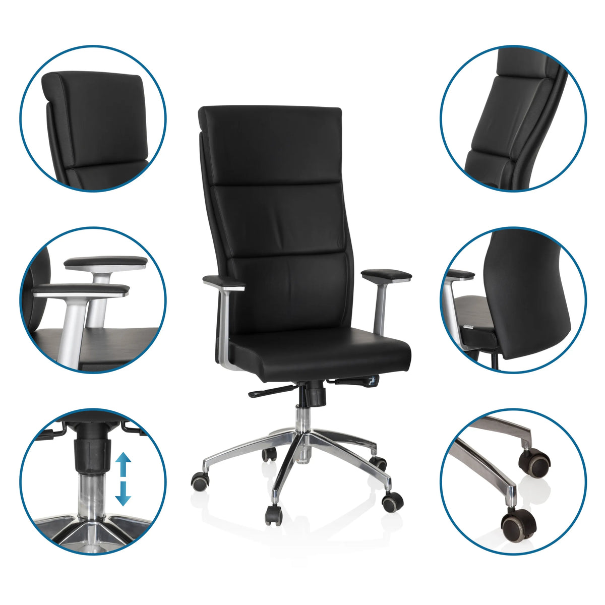 Luxury Executive Chair MONZA 20 in black with detailed views of the armrests, gas spring and castors by hjh OFFICE