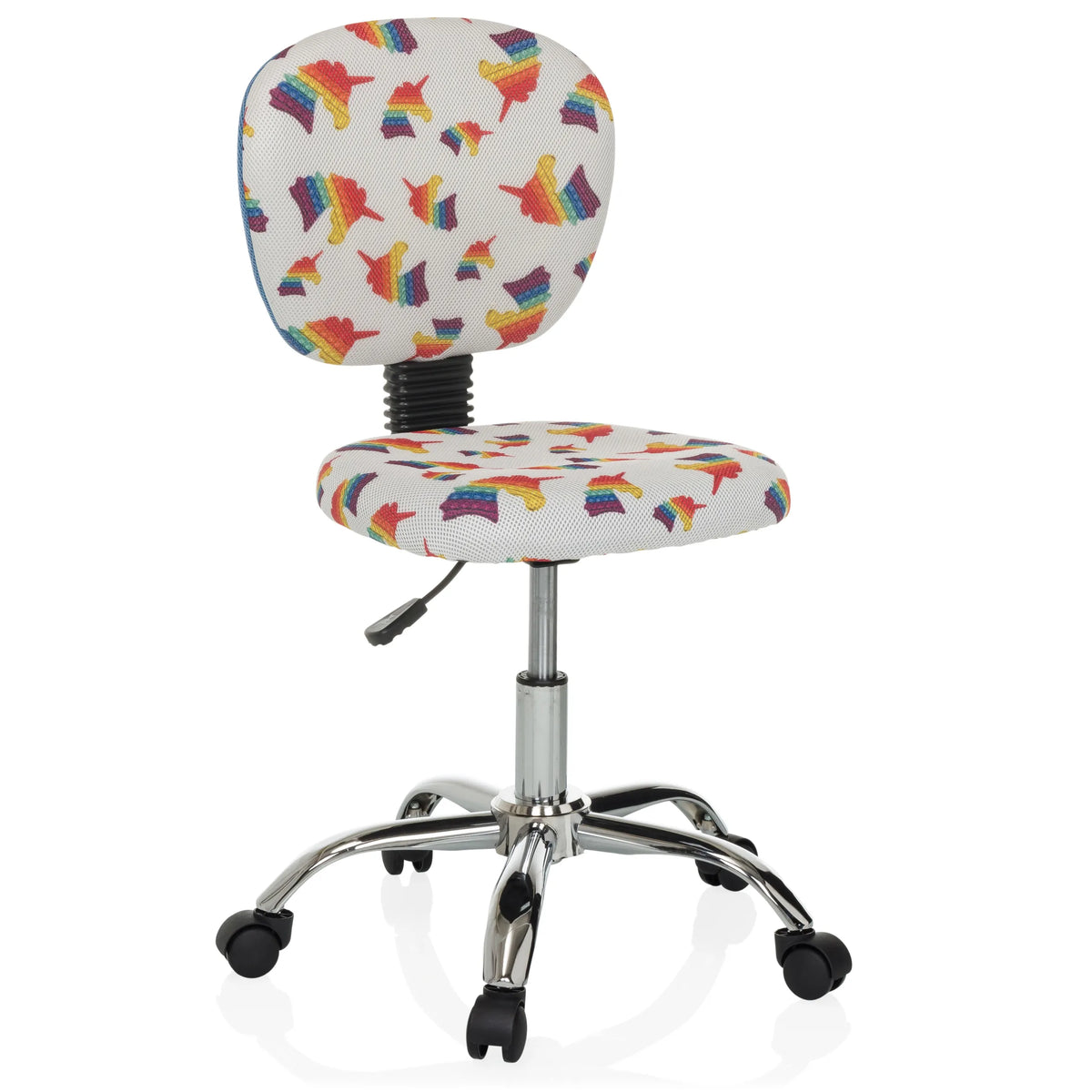 Swivel Chair – Children KID BUBBLE with colourful rainbow motif and five-caster base by hjh OFFICE – 360-degree view (front three-quarter view 30°)