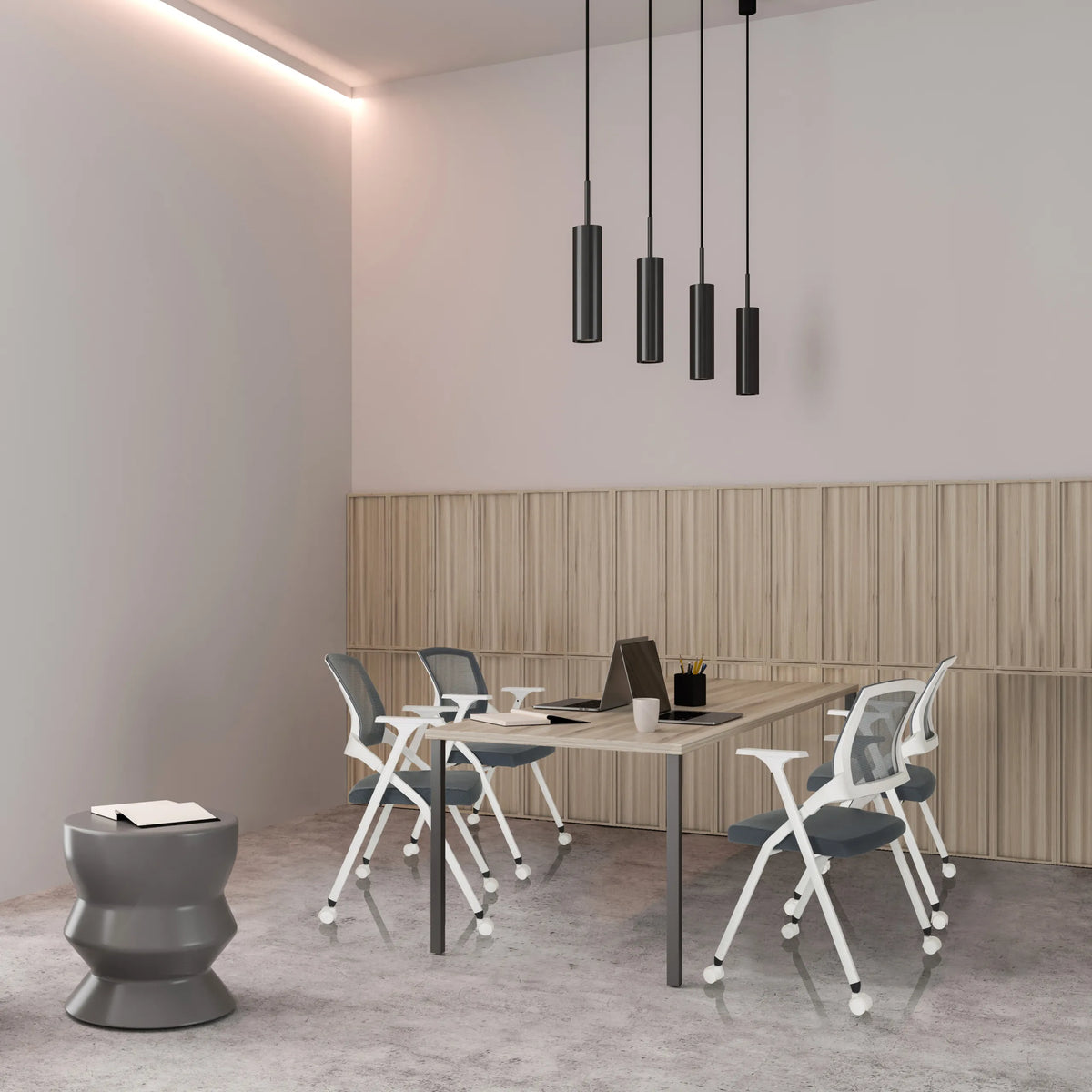 Grey PRIORITY II W folding chairs with white frames at a light-coloured meeting table by hjh OFFICE
