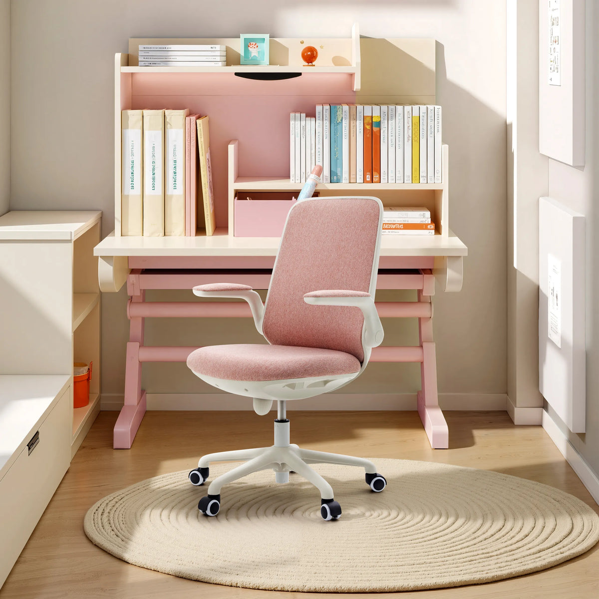Pink Swivel Chair – Children Swivelo with armrests and castors at a desk by hjh OFFICE