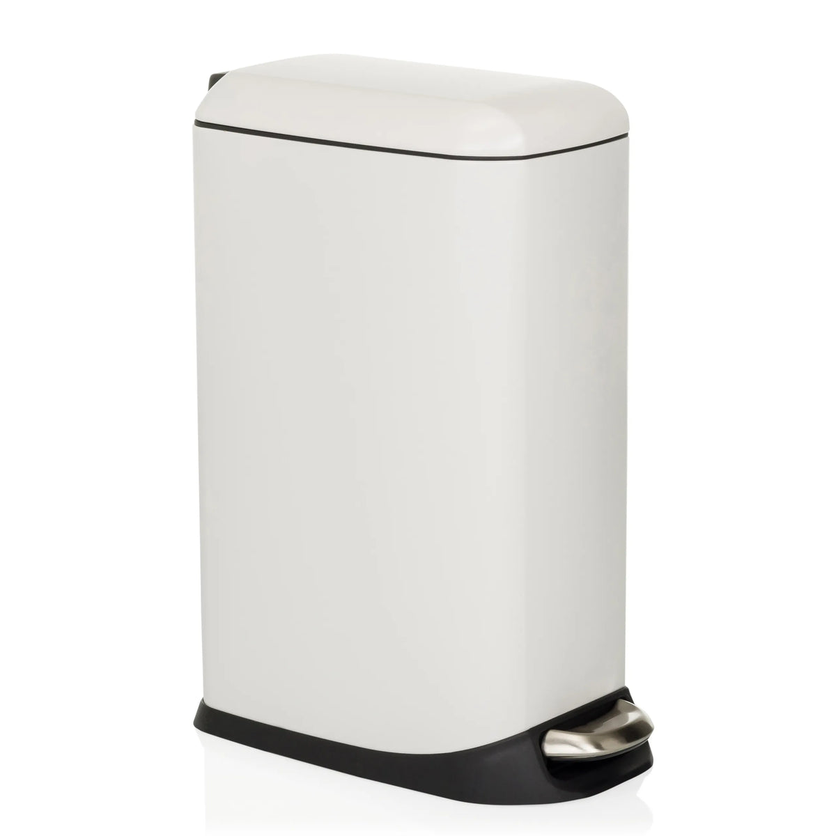White CLEAN SLIM wastepaper bin with foot pedal and rounded lid by hjh OFFICE – 360-degree view (front three-quarter view 45°)