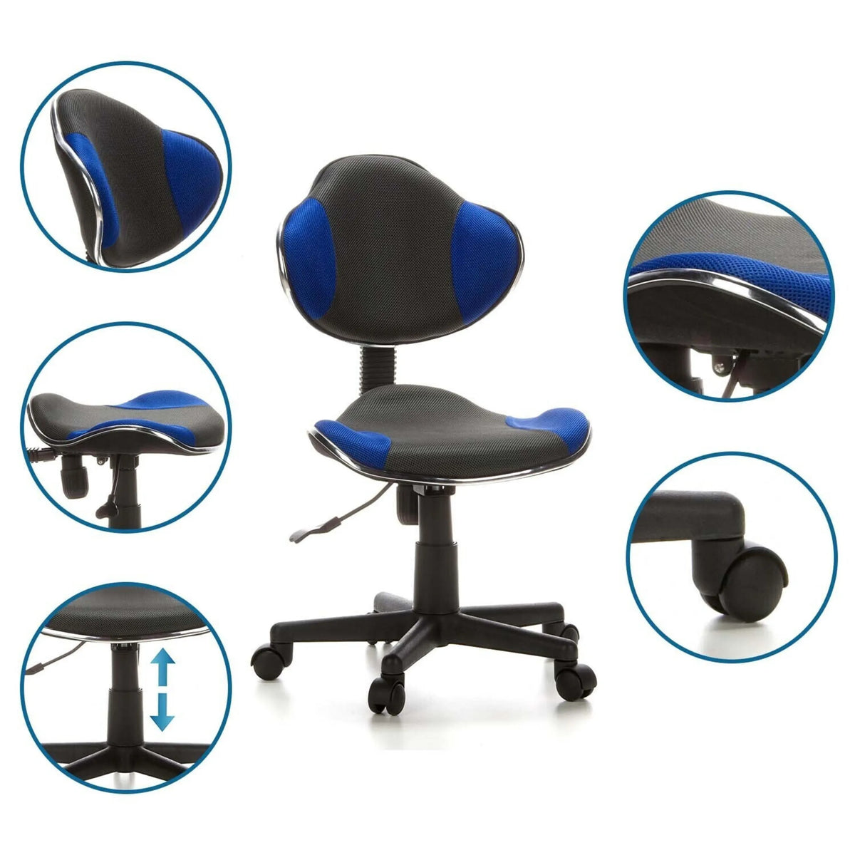Children's swivel chair KIDDY GTI-2 in grey and blue with detailed views of the height adjustment and castors by hjh OFFICE