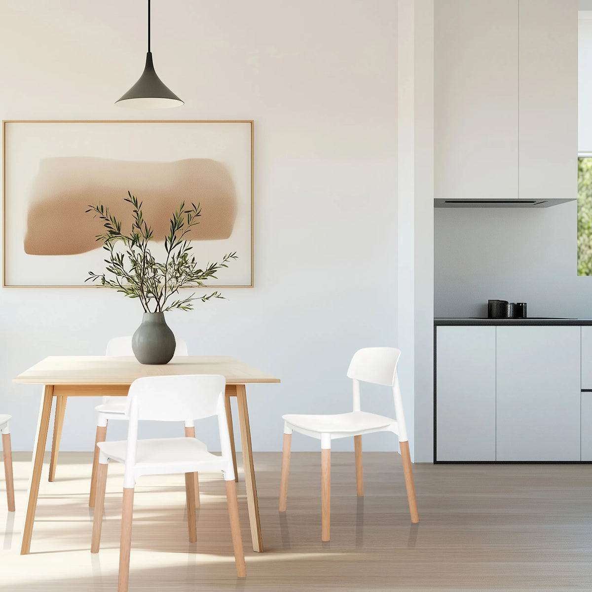 Four-legged chair SCANDI E in white with light wood legs in a dining area by hjh LIVING
