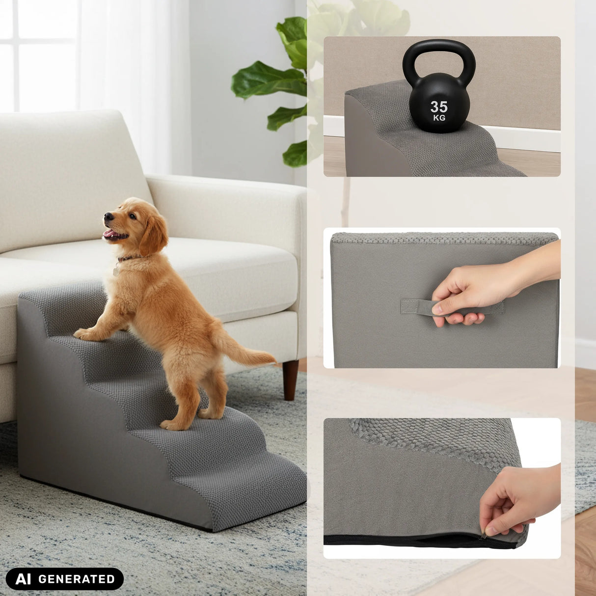 Grey PAWY STEP 5 pet stairs with carrying handle, zip and load test by hjh LIVING (AI-generated image)