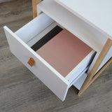 Open white drawer with brown leather handle of the Side table TAROLO III by hjh LIVING