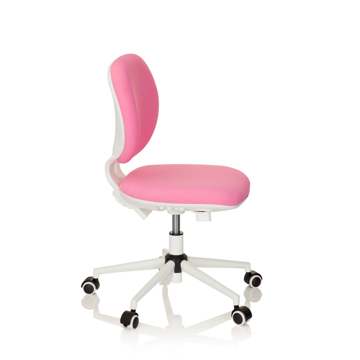 Pink Swivel Chair – Children KID VIVO with white base and five castors by hjh OFFICE – 360-degree view (side profile 80°)