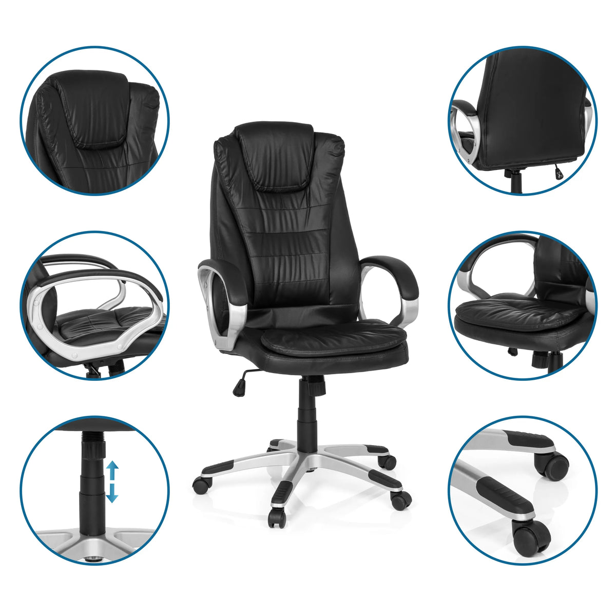 Gaming chair RELAX WB100 in black with detailed views of the armrests, gas spring and castors by MyBuero