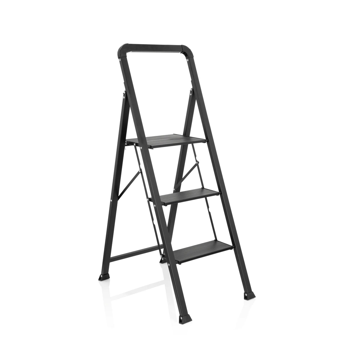 Black Folding Ladder SOLID W6 with three steps and a handle by hjh OFFICE – 360-degree view (front three-quarter view 40°)