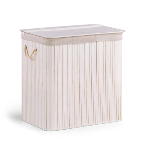 White Laundry basket FALSTER XXL B with vertical stripe look, lid and rope handles by hjh LIVING