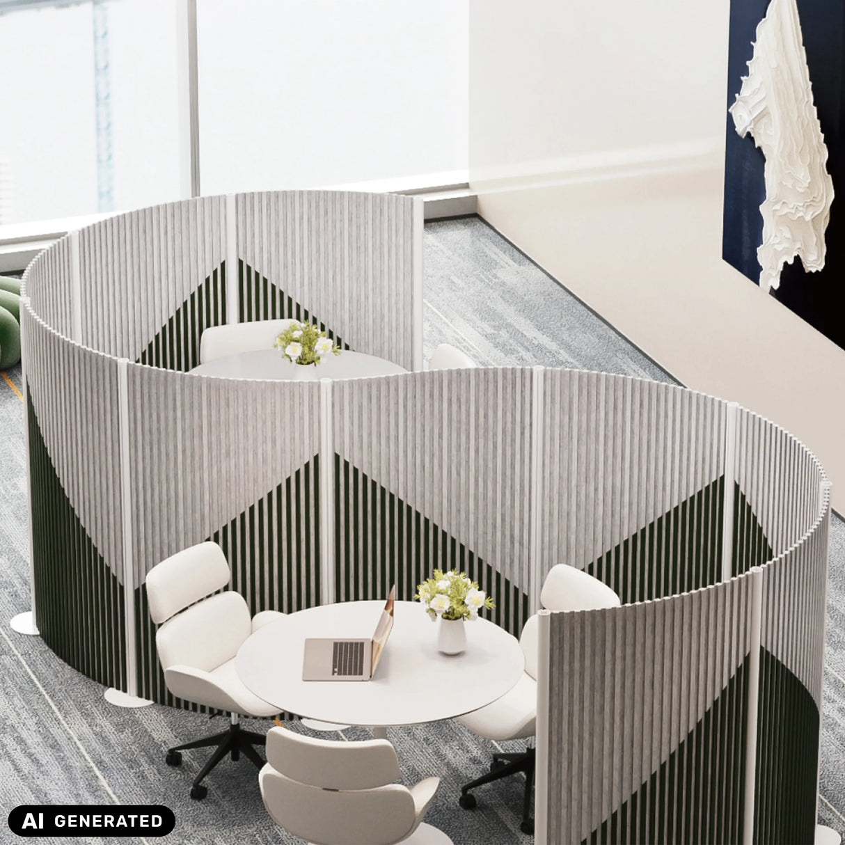 Grey Flexmiut Wave partition walls with vertical slat structure for privacy by hjh OFFICE (AI-generated image)