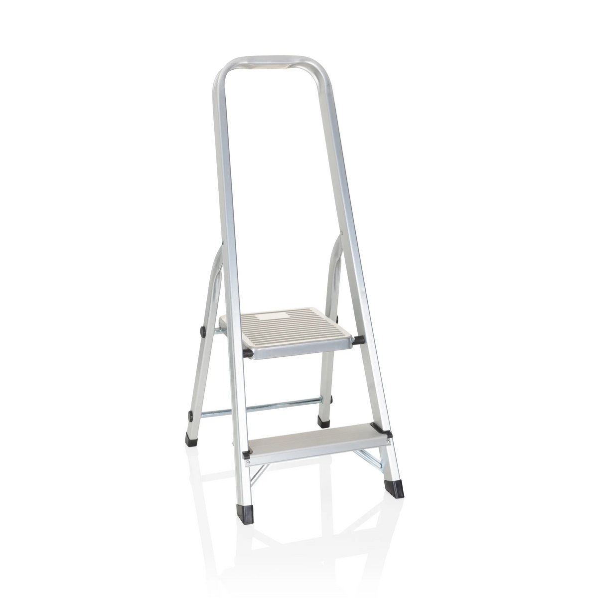 Silver aluminium Folding Ladder SOLID I with two steps and handle by hjh OFFICE – 360-degree view (front view 20°)