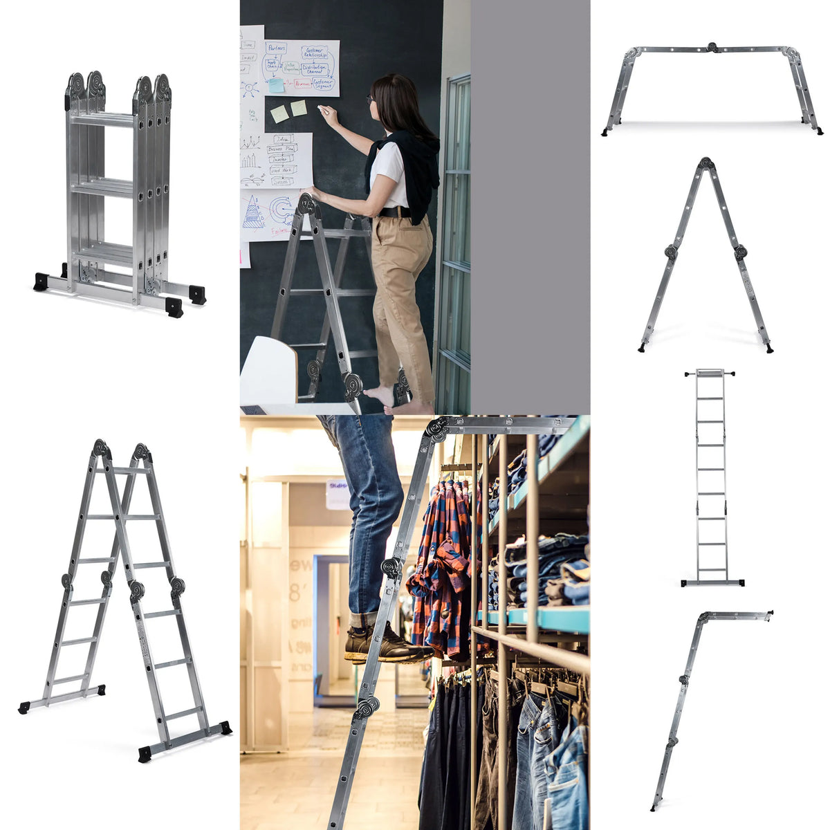 SOLID W3 aluminium folding ladders in various folding positions and in use by hjh OFFICE