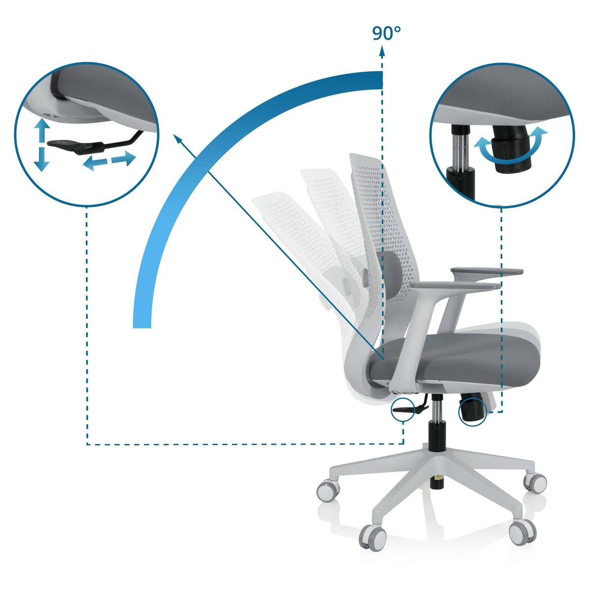 Adjustment mechanisms of the PARFERIO W Home Office Chair with 90 degree tilt and height adjustment by hjh OFFICE